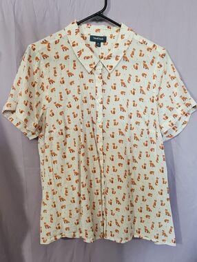 Modcloth Cream Button-Up Shirt with Orange Fox Print